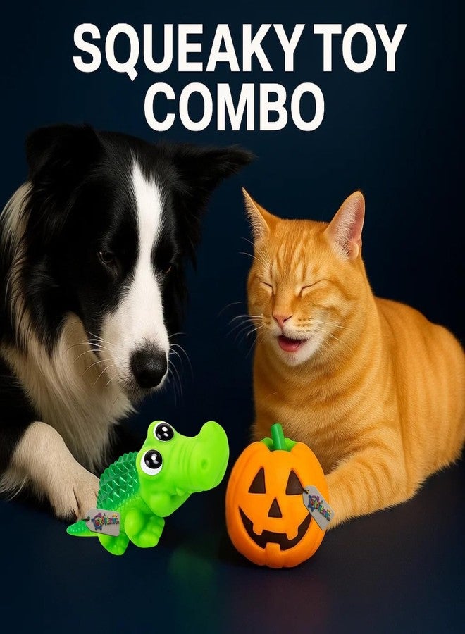 Western Era Crocodile & Pumpkin Squeaky Dog Toy Combo | Soft Rubber Toys with Built-In Squeaker | Cartoon Animal & Halloween Design | Chewable, Lightweight & Fun for Dogs | Indoor Play, Boredom Relief - Image 2